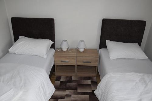 two beds in a room with a nightstand between them at Apartmani Marić in Novi Pazar