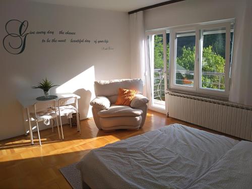 ein Wohnzimmer mit einem Sofa und einem Stuhl in der Unterkunft Apartman Zen in Zagreb