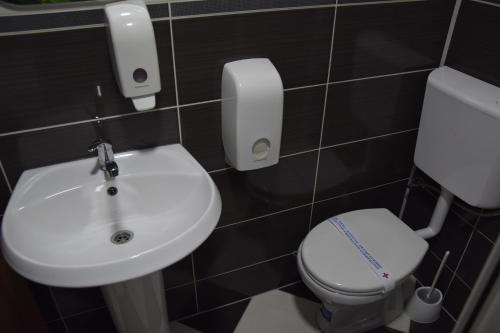 a bathroom with a white toilet and a sink at Apartmani Marić in Novi Pazar