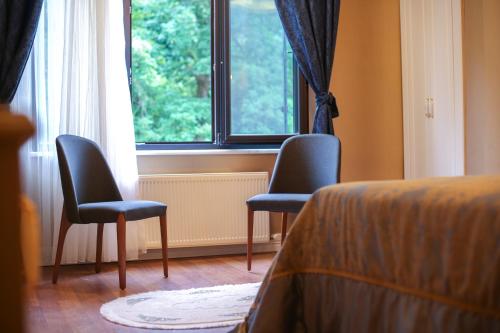 two chairs sitting in front of a window at Thermal Saray Hotel & Yalova in Gokcedere