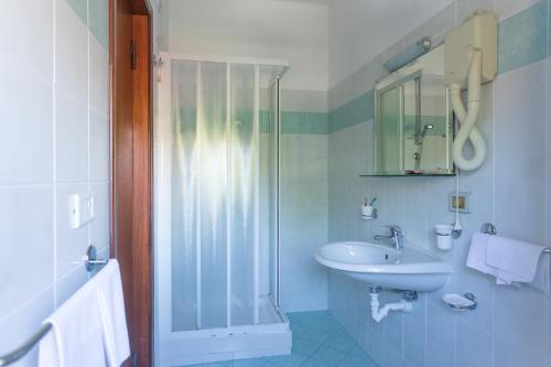a white bathroom with a shower and a sink at Hotel Jollino in Pineto