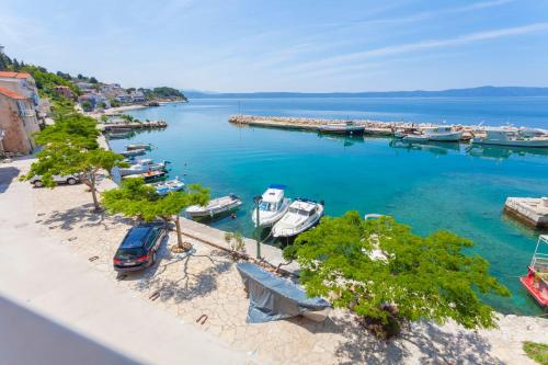 an aerial view of a marina with boats in the water at Amazing View in Drasnice