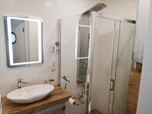 a bathroom with a sink and a shower at De Luxe Blue Mare in Łukęcin