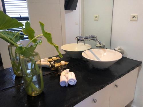 a bathroom with two sinks on a black counter at Beach Apartment - Trou aux Biches - Ground Floor in Mont Choisy