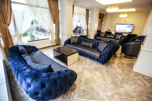 uma grande sala de estar com sofás e uma televisão em Thermal Saray Hotel & Spa Yalova em Gokcedere