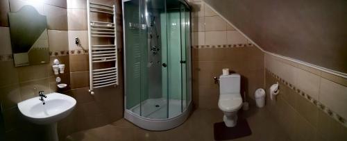 a bathroom with a toilet and a sink and a shower at Pensiunea Select Moeciu in Moieciu de Sus