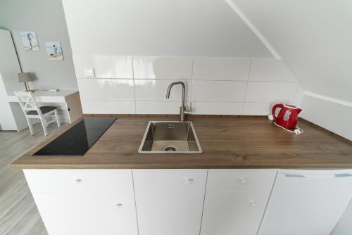 a kitchen with a sink and a counter top at Niebieska Willa in Jastarnia