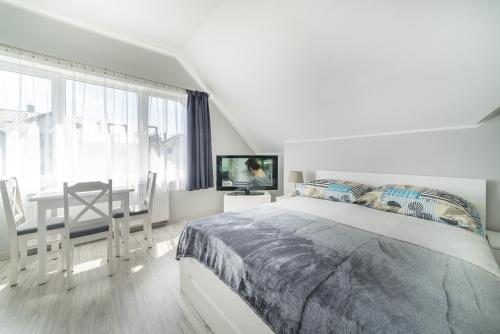 a bedroom with a bed and a table and a television at Niebieska Willa in Jastarnia