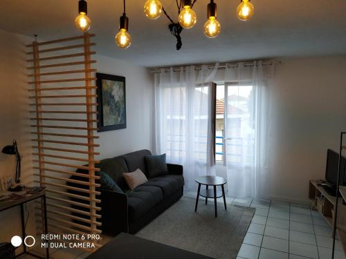 a living room with a couch and a table at Talence, studio cosy 27 M2, Bordeaux 10 mn en tram in Talence