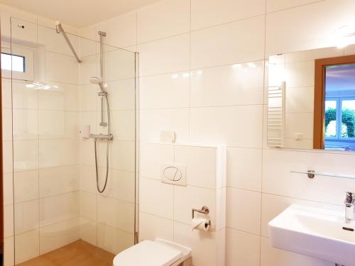 łazienka z prysznicem, toaletą i umywalką w obiekcie Aparthotel Pan Haus w mieście Bad Ischl