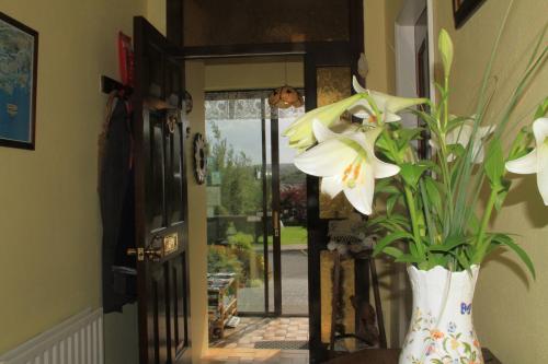 a vase with white flowers in front of a door at Marguerite's B&B in Skibbereen