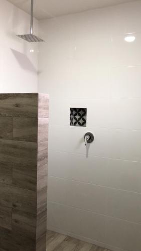 グアダラハラにあるHotel Galloの白い壁のバスルーム(シャワー付)