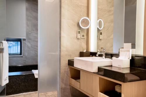 a bathroom with a sink and a mirror at Hotel Valletta in Jiaoxi