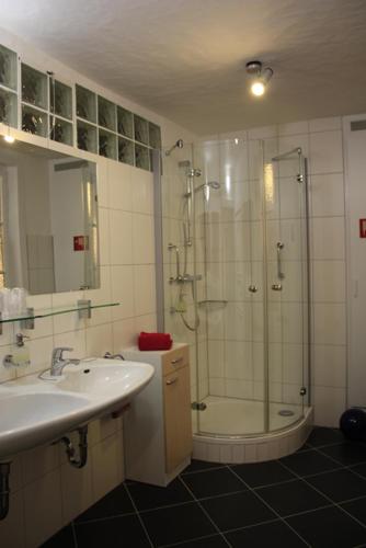 a bathroom with a shower and a sink and a shower at Altstadt-Hotel Gelnhausen in Gelnhausen