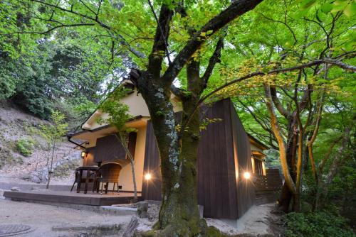 a house in the woods with a tree at Villa Hamorebi in Miyajima