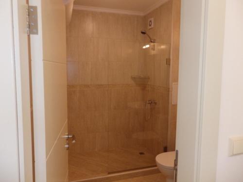 a shower with a glass door in a bathroom at Atia Resot in Chernomorets