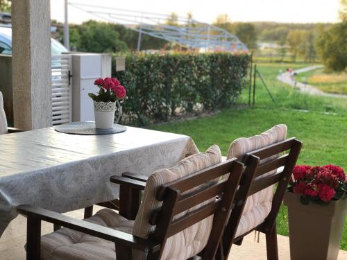 a table with two chairs and a table with flowers at Apartment Vita in Funtana