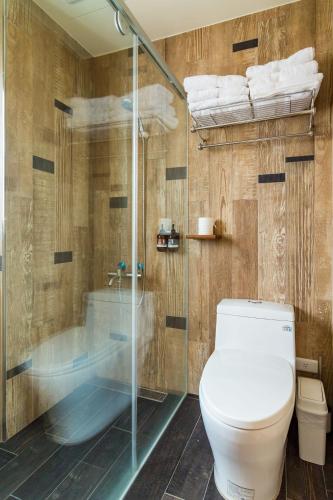 a bathroom with a toilet and a shower at Party of the Ocean B&B in Magong