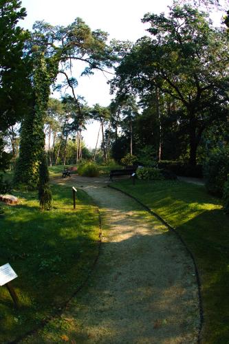 a path in a park with benches and trees at Leśny Ośrodek Szkoleniowy w Puszczykowie in Puszczykowo