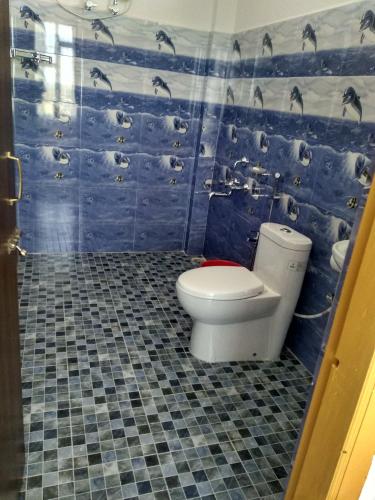 a bathroom with a toilet and a blue wall at Sulawado Resort in Cherrapunji