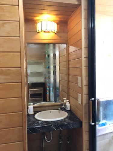 a bathroom with a sink and a mirror at Tabinoyado Saikawa in Kuroishi