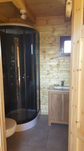 a bathroom with a shower and a sink at Mazurskie Ranczo in Bogaczewo