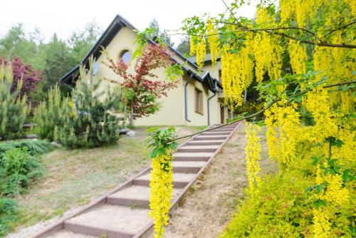 a house with yellow flowers in the yard at Zielone Wzgórza in Bytów