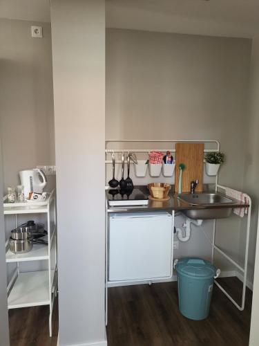 a kitchen with a sink and a counter with utensils at Hotel-Hofbräu am Stadtring in Nordhorn