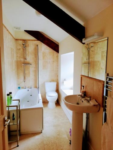 a bathroom with a tub and a toilet and a sink at Picton-House in St Clears