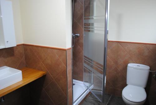 La salle de bains est pourvue d'une douche et de toilettes. dans l'établissement Guara Rural, à Panzano