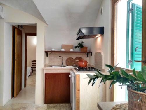 a small kitchen with a stove and a sink at Agriturismo Francesca Stajano in Alezio