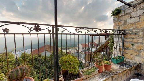 a balcony with plants and a view of the ocean at HEMDAT NEFESH in Safed