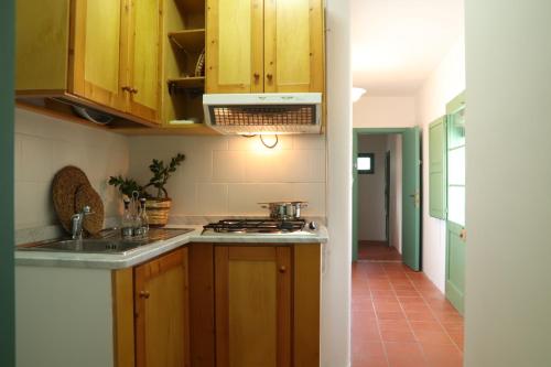 a kitchen with wooden cabinets and a stove top oven at Agriturismo Francesca Stajano in Alezio