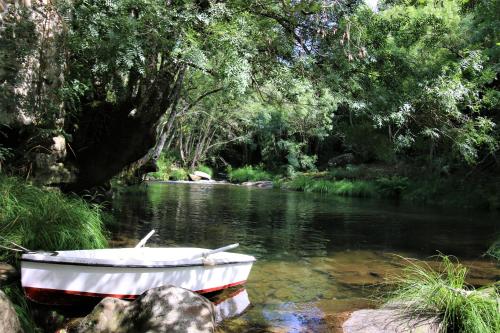 a boat sitting in the middle of a river at Cascata do Varosa - Turismo Rural in Vila Pouca
