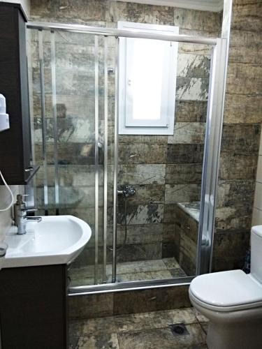 a bathroom with a shower and a sink at Iro Apartment in Nea Peramos