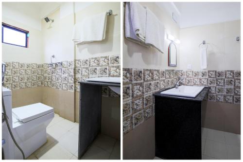 two pictures of a bathroom with a toilet and a sink at Vision Safari Pvt Ltd in Sauraha