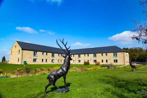 a statue of a deer in the grass in front of a building at Peak Edge Hotel in Chesterfield