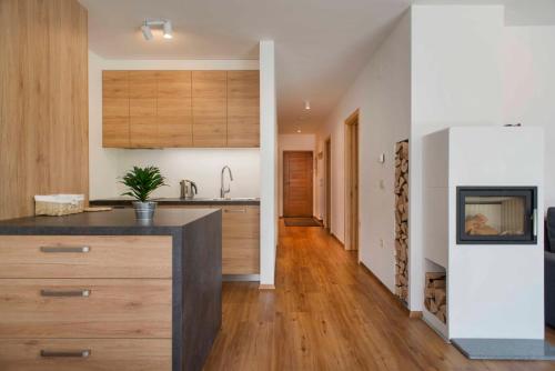 a kitchen with wooden cabinets and a counter top at Apartments Sivka - Private Sauna in Cerklje na Gorenjskem