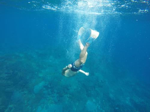 a person swimming in the water in the ocean at Gedong Nusa Huts in Nusa Lembongan