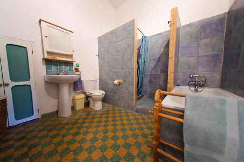 a bathroom with a sink and a toilet and a shower at The Balcony Gîte - Riverside Lagrasse in Lagrasse