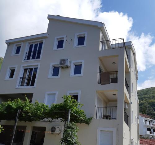a white building with a lot of windows at Apartmani Marina Kopitovic in Petrovac na Moru