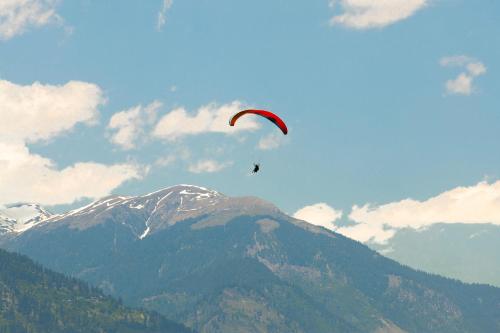 a kite flying in the sky over a mountain at Regenta Inn by Riverside Manali in Manāli