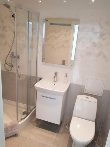 een badkamer met een toilet, een wastafel en een douche bij Alejas Lux Apartment in Liepāja