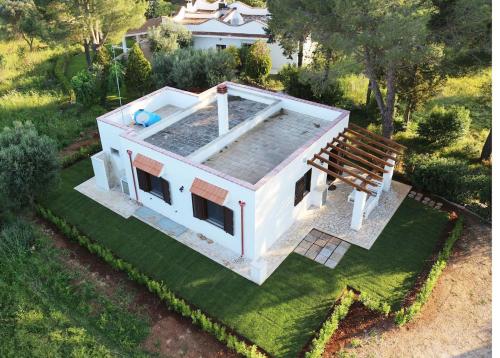 an aerial view of a house with a swimming pool at Villa del Sole in Manduria
