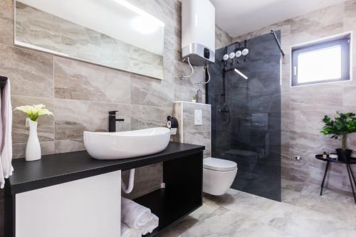 a bathroom with a sink and a toilet and a shower at S&A 3BR Holiday Home in Bibinje