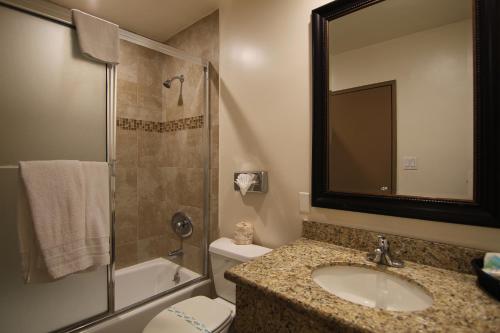 a bathroom with a sink and a toilet and a shower at Dunes Inn - Wilshire in Los Angeles
