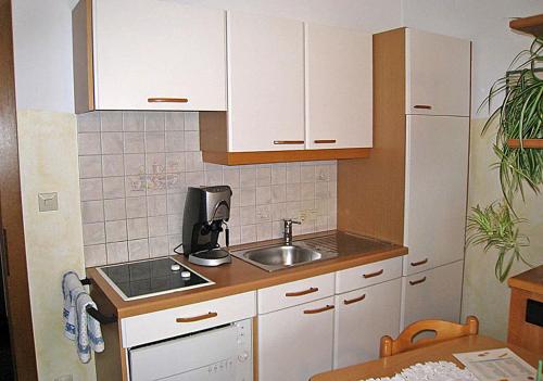 a small kitchen with white cabinets and a sink at Gästehaus Steiner in Tröpolach