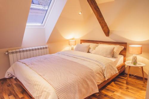 a bedroom with a large bed with a skylight at SKOL apartments in Celje