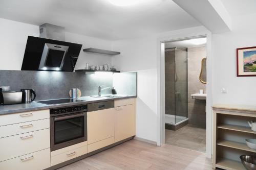 uma cozinha com um lavatório e um fogão forno superior em Apartments Golden Roof by Penz em Innsbruck