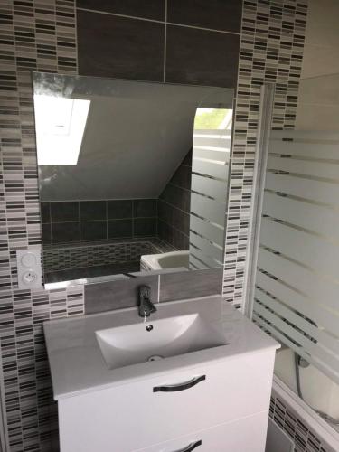 une salle de bain avec un lavabo et un miroir dans l'établissement Cosy maison 3 chambres Honfleur jardin, parking privé et jacuzzi, à Honfleur